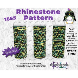 Plantilla de patrón de diamantes de imitación para vaso con eslabones entrelazados en amarillo y verde sobre negro, sin costuras, digital, de 20 oz, delgada, recta, PNG, sublimación, 16 SS