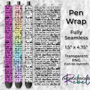 Könnte beinhalten: Stift-Wrap-Design mit dem Text "SHE/HER" in verschiedenen Farben, darunter Rosa, Gelb, Blau und Schwarz. Das Design ist vollständig nahtlos und misst 3,8 cm x 12,1 cm. Es ist ein transparentes PNG und kann überlagert werden.