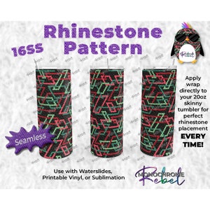 Plantilla de vaso con eslabones entrelazados en verde y rojo sobre negro con patrón de diamantes de imitación, sin costuras, digital, de 20 oz, delgado, recto, PNG, sublimación, 16SS