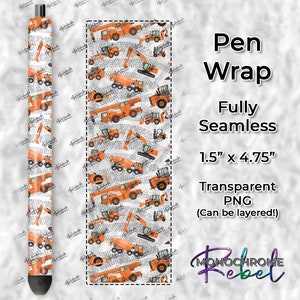 Orange Construction Vehicles on Tracks Trucks Crane Backhoe Excavator Cement Mixer Grader Seamless Transparent Pen Wrap Digital Design PNG