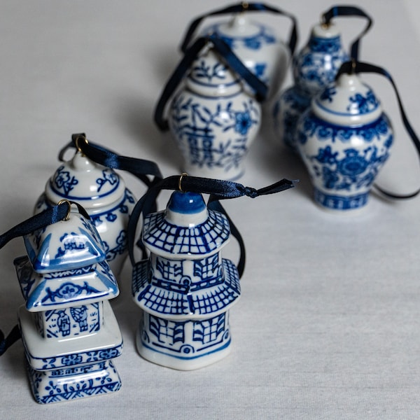 Chinoiserie Ginger Jar Mini Blue and White Ornament Handcrafted Porcelain Christmas Tree Decor Home Decor Gift Unique Holiday Decoration