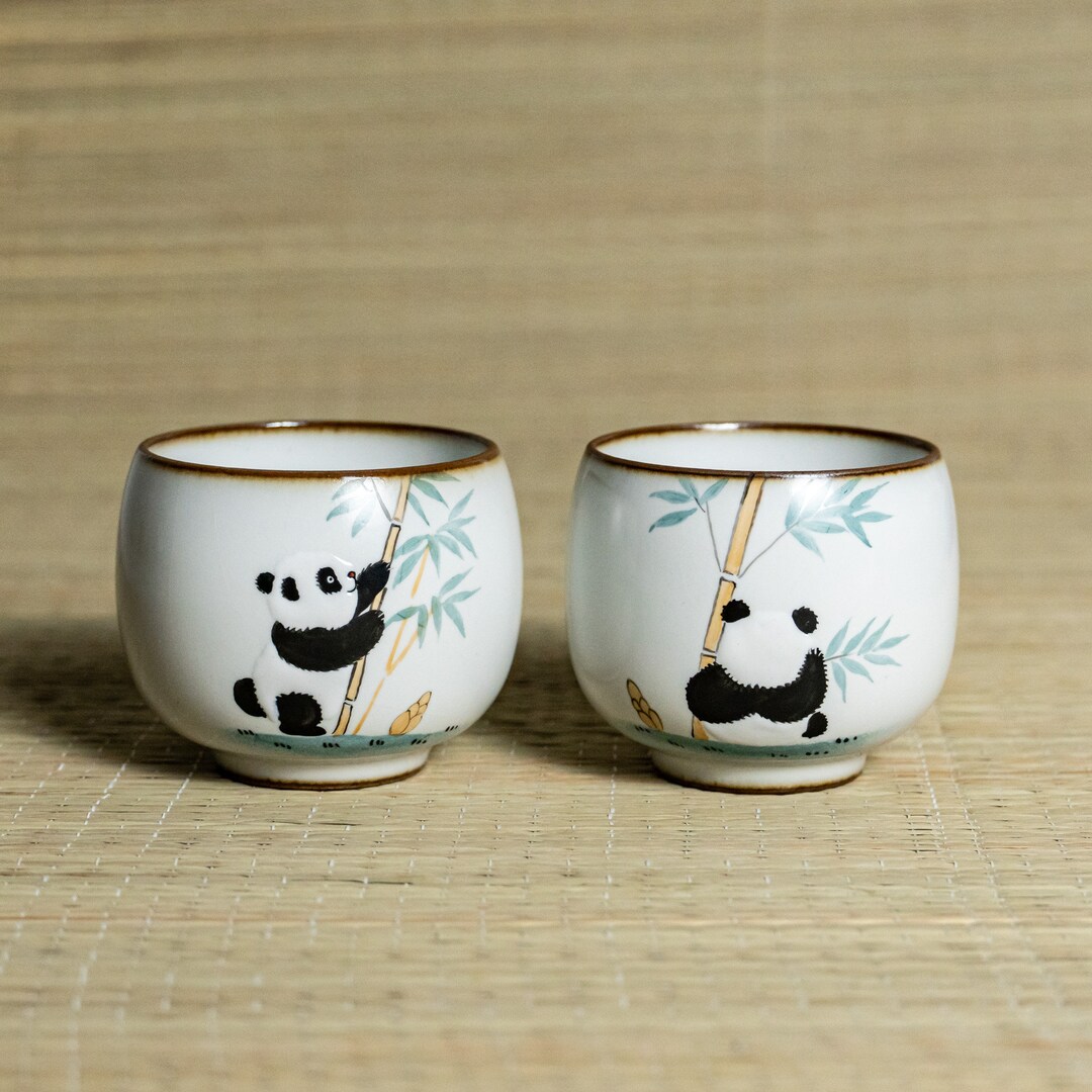 Panda Porcelain Sake Cup / Teacup Handpainted, Crackpatterned Ru Kiln