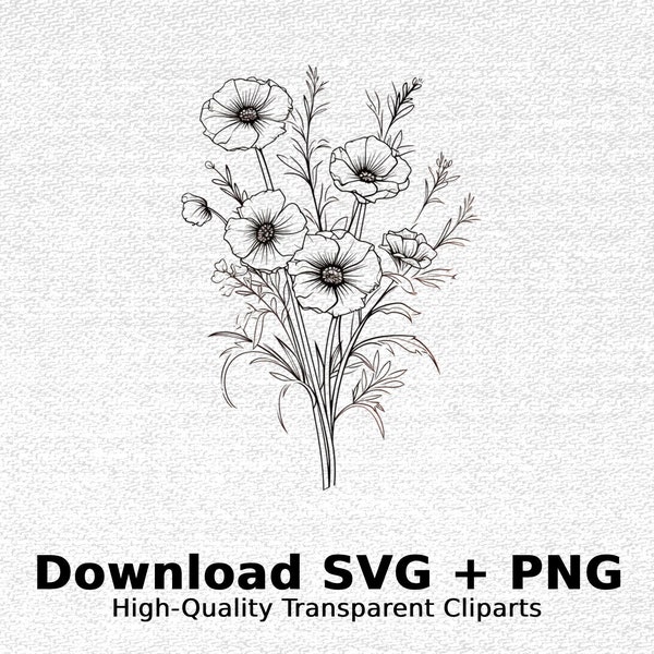 Floral SVG PNG Clipart, Black and White Digital Download, Poppy Flowers Bouquet Illustration for Crafts