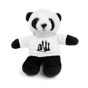 May include: A white panda bear plush toy wearing a white t-shirt with a black chess piece design. The chess pieces include a king, queen, rook, knight, and pawn.