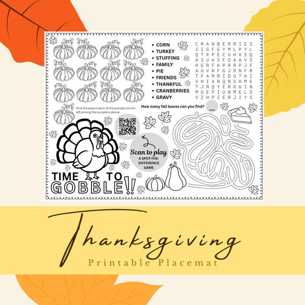 Thanksgiving Kids Placemat | Printable Games & QR Code (PDF)