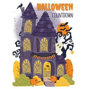 May include: A Halloween-themed illustration featuring a spooky purple house with a countdown calendar. The house has multiple windows with QR codes and dates, a crow, a full moon, bats, and pumpkins. The text "HALLOWEEN COUNTDOWN" is displayed at the top.
