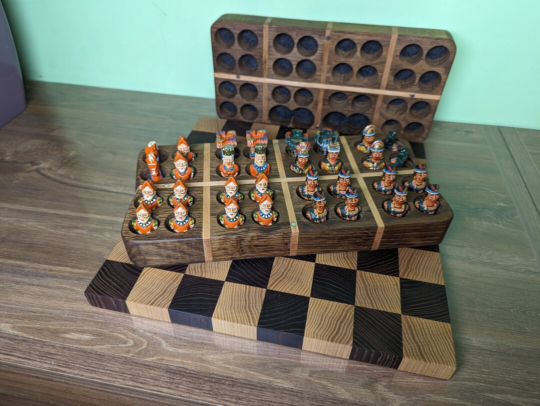 Inca Vs Conquistador Chess Set in Oak Wood Cheest With Foldable ...