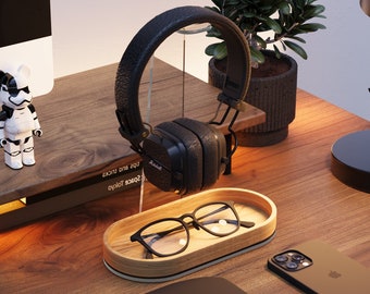 Wood headphone stand, stylish headphone accessory | Customized headphone holder | Personalized gamer gift for music lover