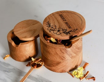Saleros y azucareros personalizados, recipientes para especias y té con cucharas de madera, juego de cocina de roble natural de dos tamaños