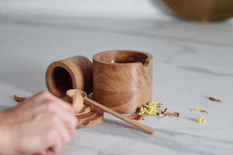 Handcrafted Salt Shakers and Sugar Bowls, Herb & Tea Caddies with Matching Spoons, Natural Wooden Kitchen Set, Dual Sizes Canister Sets image 3