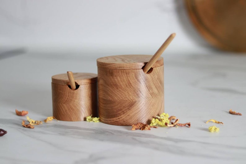 Handcrafted Salt Shakers and Sugar Bowls, Herb & Tea Caddies with Matching Spoons, Natural Wooden Kitchen Set, Dual Sizes Canister Sets image 5