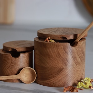 Handcrafted Salt Shakers and Sugar Bowls, Herb & Tea Caddies with Matching Spoons, Natural Wooden Kitchen Set, Dual Sizes Canister Sets image 1