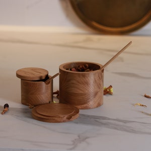 Handcrafted Salt Shakers and Sugar Bowls, Herb & Tea Caddies with Matching Spoons, Natural Wooden Kitchen Set, Dual Sizes Canister Sets image 2