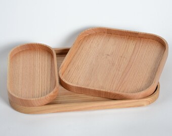 Solid Oak Wood Tray Set - 3 in 1 Organizer, Personalized, Engraved - Serving Board, Jewelry Valet, Home Storage