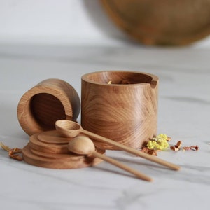 Handcrafted Salt Shakers and Sugar Bowls, Herb & Tea Caddies with Matching Spoons, Natural Wooden Kitchen Set, Dual Sizes Canister Sets image 4