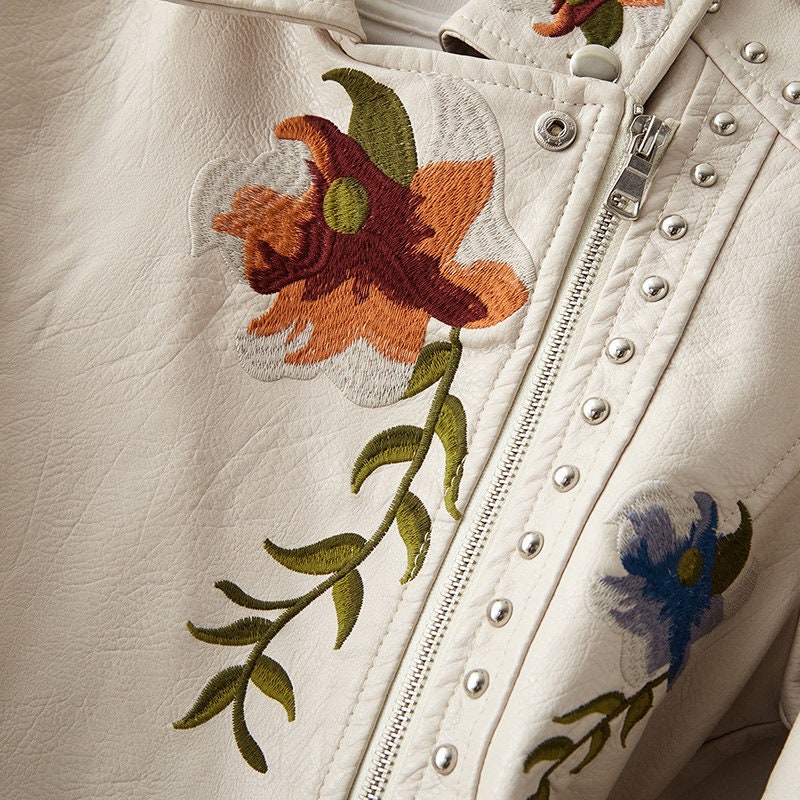Gorgeous Floral Print Embroidery Faux Soft Leather Jacket Coat - Turn Down Collar - Casual Black Punk Outerwear (TB8B)