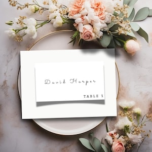 Modelo de cartão de lugar de casamento dobrado e plano, cartões de lugar para impressão, modelo de casamento moderno, caligrafia, DOWNLOAD, editável, Templatett, I3