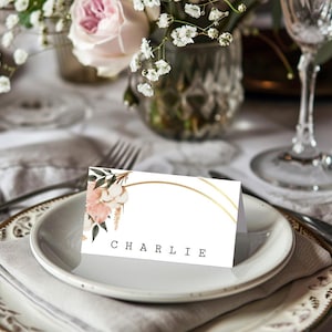 Plantilla de tarjeta de lugar de boda plegada y plana, tarjetas de lugar imprimibles, plantilla de boda moderna, marco floral, DESCARGAR, editable, Templett, I6