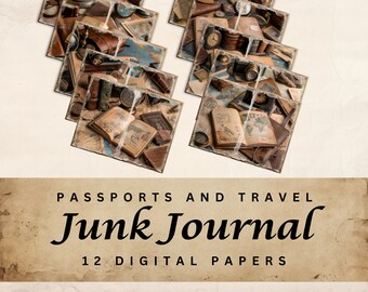 Könnte beinhalten: Zwölf digitale Papiere mit Vintage-Motiven zum Thema Reisen und Pässe. Die Papiere zeigen Karten, Kompasse, alte Bücher und andere Reiseutensilien in einem braunen und cremefarbenen Farbschema.