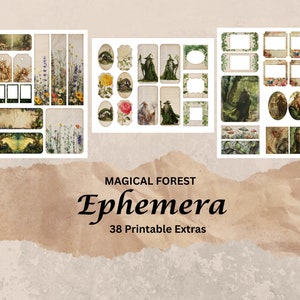 Peut inclure: Un ensemble de 38 autocollants numériques imprimables sur le thème de la forêt magique. Les autocollants comprennent des images de fées, de champignons, de fleurs, d'arbres et d'un magicien. Le texte "Magical Forest Ephemera 38 Printable Extras" est inclus dans l'image.