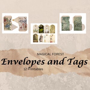 Puede incluir: Un conjunto de 12 sobres y etiquetas imprimibles con un tema de bosque mágico. Los diseños incluyen búhos, flores y otras criaturas del bosque. El texto "Magical Forest Envelopes and Tags 12 Printables" se muestra en un fondo de papel marrón.