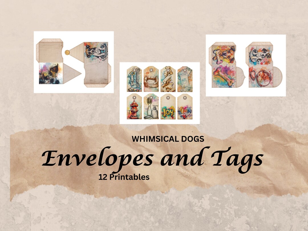 Whimsical Dogs Tags and Mini Envelopes, Pet, Printable Ephemera, Paper ...