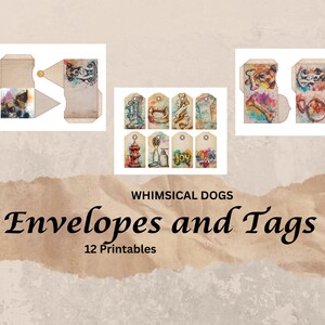 Whimsical Dogs Tags and Mini Envelopes, Pet, Printable Ephemera, Paper Craft, Collage Sheet 11 x 8.5