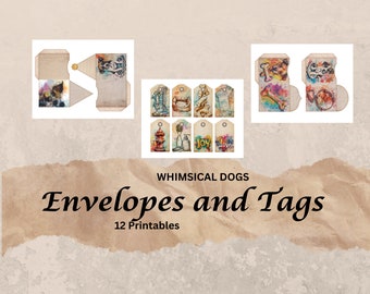 Whimsical Dogs Tags and Mini Envelopes, Pet, Printable Ephemera, Paper Craft, Collage Sheet 11 x 8.5