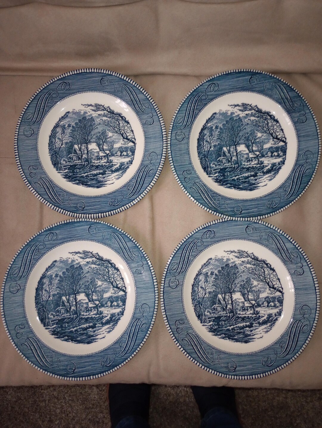 Vintage Currier and Ives Old Grist Mill Blue and White Dinner Plates