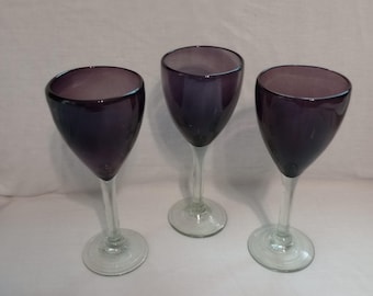 Murano Art Glass Hand Blown Amethyst Purple Wine Glasses - Set of 3