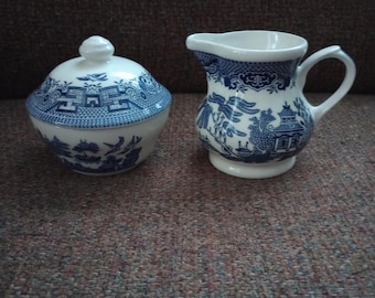 Churchill Blue Willow Creamer and Sugar Bowl With Lid Set - Made in England