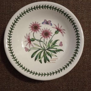 May include: White ceramic bowl with a floral design featuring pink flowers, green leaves, and butterflies. The rim is decorated with a green leaf pattern. The bowl has the text "Gazania Ringens" and "Treasure Flower".