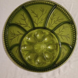 Indiana Glass Olive Green Pebble Leaf or Tree Of Life Pattern Round 13" Deviled Egg & Relish Tray