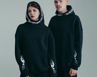 Czarna unisexowa bluza z kapturem oversize z nadrukiem gotyckich błogosławionych dłoni | Bluza z kapturem z nadrukiem Mystical Streetwear | Prezent dla niego i dla niej