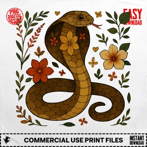 Cobra Snake PNG, Floral Serpent Clipart, Digital Download, Snake Illustration, Snake Printable, Flower Snake, Cobra Art