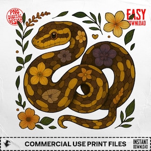 Floral Snake PNG, Ball Python Clipart, Snake Printable, Flower Snake, Sublimation PNG, Digital Download, Commercial Use, Reptile Art