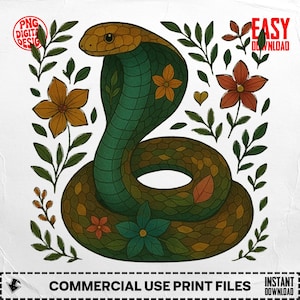 Cobra Snake PNG, Boho Floral Snake Clipart, Snake Art Digital Download Flower Snake Printable Snake Sublimation, King Cobra Serpent Reptile