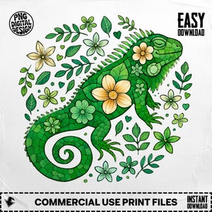 Floral Iguana PNG, Boho Iguana Clipart, Reptile PNG, Reptile Clipart, Green Iguana Art, Digital Download PNG, Commercial Use, Sublimation