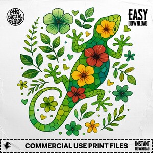Floral Green Gecko PNG, Gecko Clipart, Boho Reptile PNG, Flower Lizard, Watercolor Gecko, Sublimation PNG, Digital Download, Commercial Use