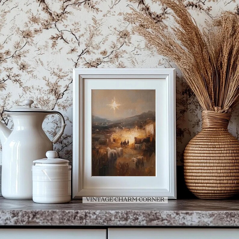 Impressionistic Nativity Scene Print, Three Wise Men and The Star of Bethleham, Holiday Nativity  Download, Rustic Christmas Decor Printable