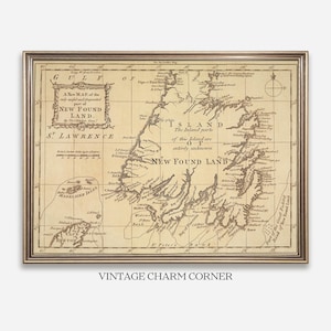 May include: A framed vintage map of Newfoundland, with detailed geographical features and text. The map is in sepia tones, with a decorative border. The text "NEW FOUND LAND" is prominently displayed. The frame is a metallic gold color.