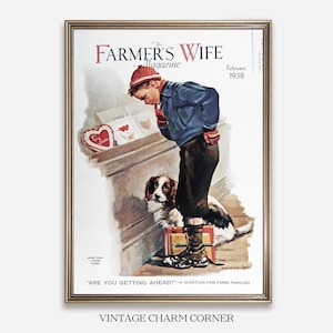 Capa da revista The Farmer's Wife de 1938, edição de fevereiro com cartões de dia dos namorados, um menino e um cachorro leal, decoração de casa de fazenda para impressão
