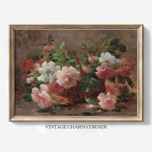 Vintage Floral Basket Wall Art Printable Pink Rose Garden Painting ...