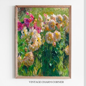 Dahlia Garden Wall Art Vintage Botanical Print Digital Download Summer Flower Artwork Cottagecore Farmhouse Floral Decor For Gallery Wall