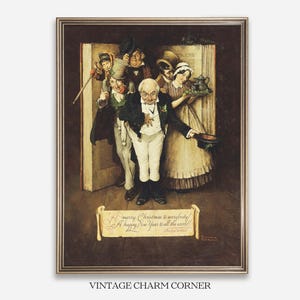 May include: A framed vintage print featuring a group of people in period clothing. The artwork depicts a man in a tuxedo, surrounded by others, with a banner that reads "A merry Christmas to everybody! A happy New Year to all the world!"