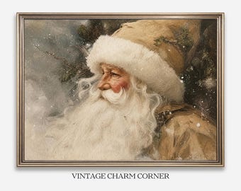 Vintage Santa Claus Portrait, Watercolor Nostalgic Christmas Print, Farmhouse Holiday Wall Art, Soft Brown White Snowy Printable Download