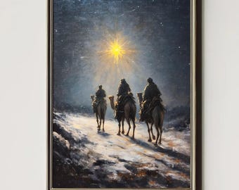 May include: A framed vintage painting shows three figures on camels travelling through a snowy landscape towards a bright star. The artwork, in a gold frame, has a dark, starry sky and the text "VINTAGE CHARM CORNER" at the bottom.