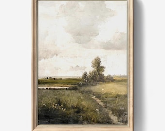 Moody Vintage Pastoral Landscape Wall Art, Rustic Countryside Meadow Printable, Farmhouse Oil Painting Print, Cottagecore Digital Download