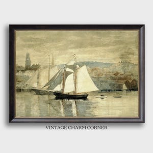 Vintage Watercolor Sailing Harbor Art Digital Download Serene Coastal Scene Sailboats Historic Townscape Nautical Home Decor Printable Print