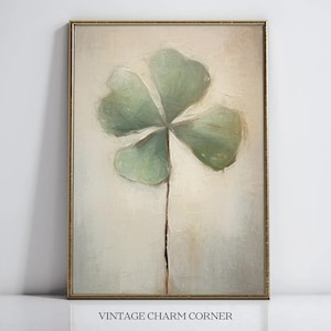 Rustic Four-Leaf Clover Print, Green Leaves on Neutral Background, Lucky Clover Wall Art for Home or Office,  St Patrick&#39;s Decor Printable